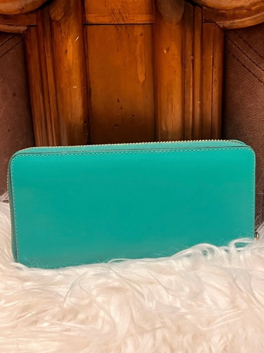 COACH Teal Zip-Around Leather Wallet with Gold Logo